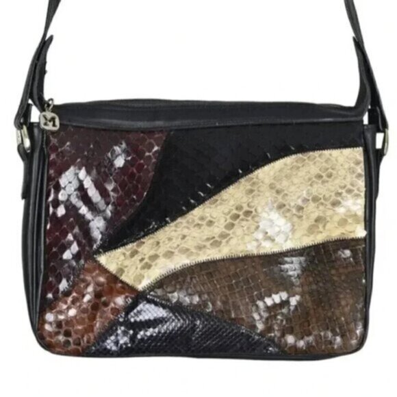 Vintage Cuero Vaca Leather Snakeskin Purse Shoulder Bag Black Patchwork - Picture 1 of 14